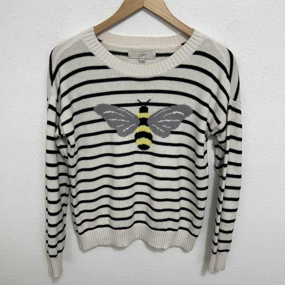 Loft Bee Sweater Size Medium Sz XS Striped 100% Cotton Knit Cottage Core Grandma
